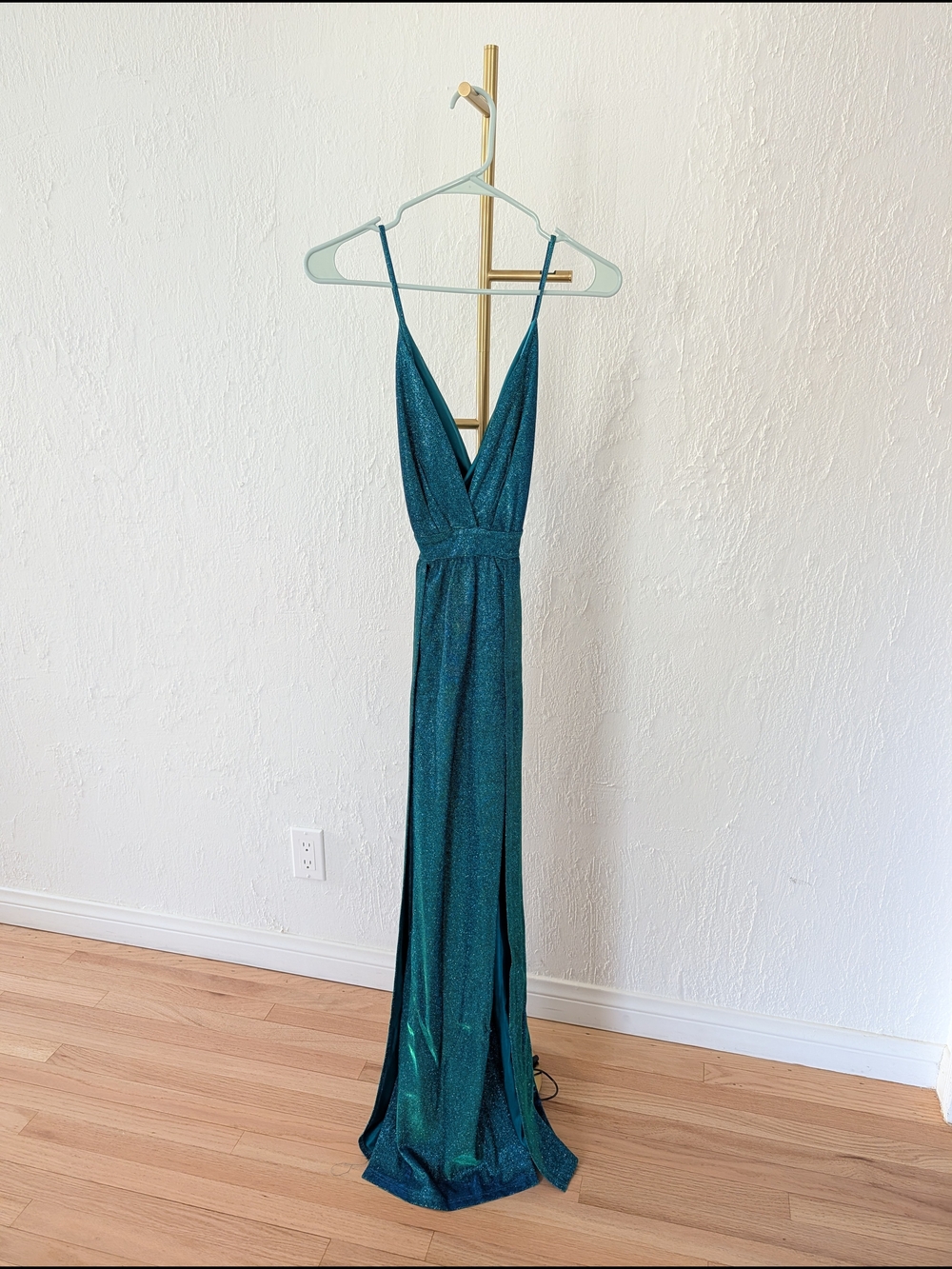 Azazie Symphony Teal Sparkle Plunge Neck Gown | Women's S